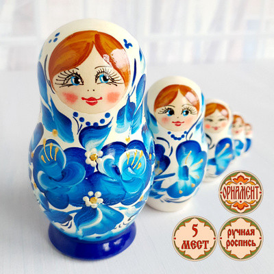 Матрешка 5 мест 10 см  голубой платок