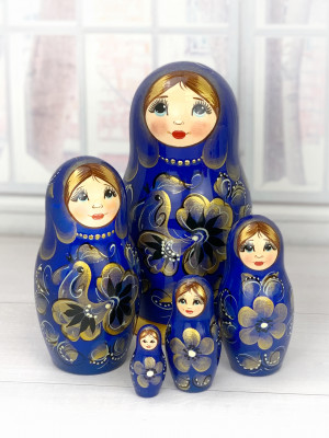 Матрешка 5 мест 15 см Птица Счастья синяя