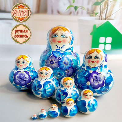 Матрешка 10 мест 14 см гжель