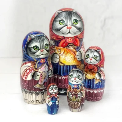 Матрешка деревянная, кот рыбак, 5 мест, 12 см (0126209-2)