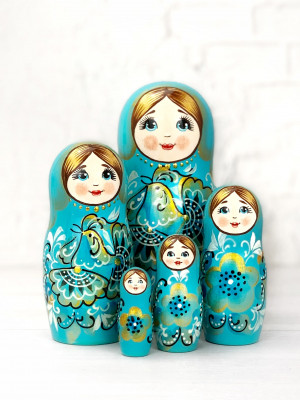 Матрешка 5 мест Птица Счастья голубая 12 см
